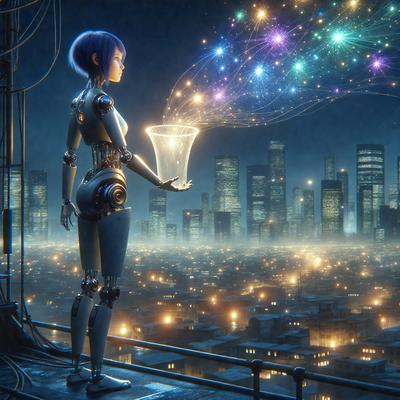 The primary subject of the image is a robotic woman standing on a platform, holding a vase. The setting is a futuristic cityscape with tall buildings in the background. The visual style is a combination of digital art and illustration, creating a surreal and dreamy atmosphere. The colors are predominantly dark, with the robotic woman and the vase being the main focus, while the cityscape is depicted in shades of gray and black.